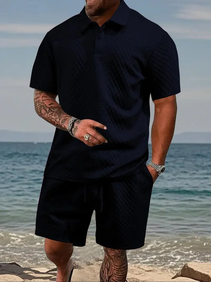 Men's Two-Piece Summer Outfit: Solid Polo & Drawstring Shorts, Cozy Breathable for Daily Wear