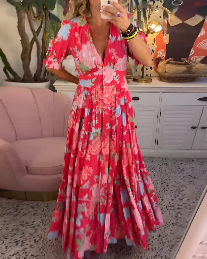 Carine | V-Neck Floral Print Dress with Pocket