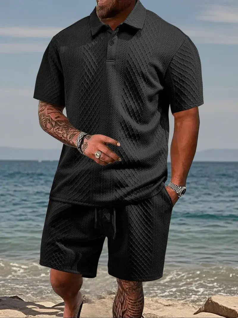 Men's Two-Piece Summer Outfit: Solid Polo & Drawstring Shorts, Cozy Breathable for Daily Wear