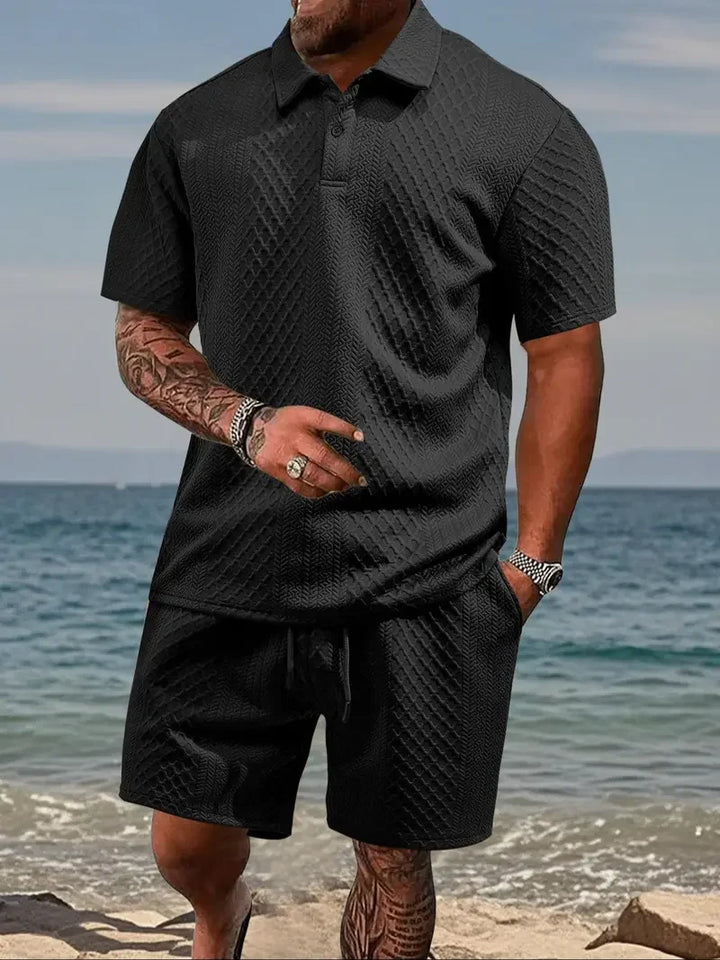 Men's Two-Piece Summer Outfit: Solid Polo & Drawstring Shorts, Cozy Breathable for Daily Wear