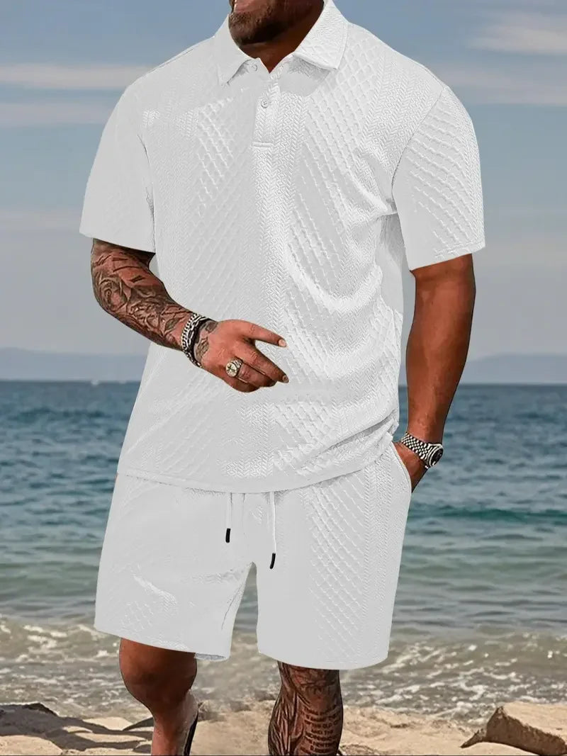 Men's Two-Piece Summer Outfit: Solid Polo & Drawstring Shorts, Cozy Breathable for Daily Wear