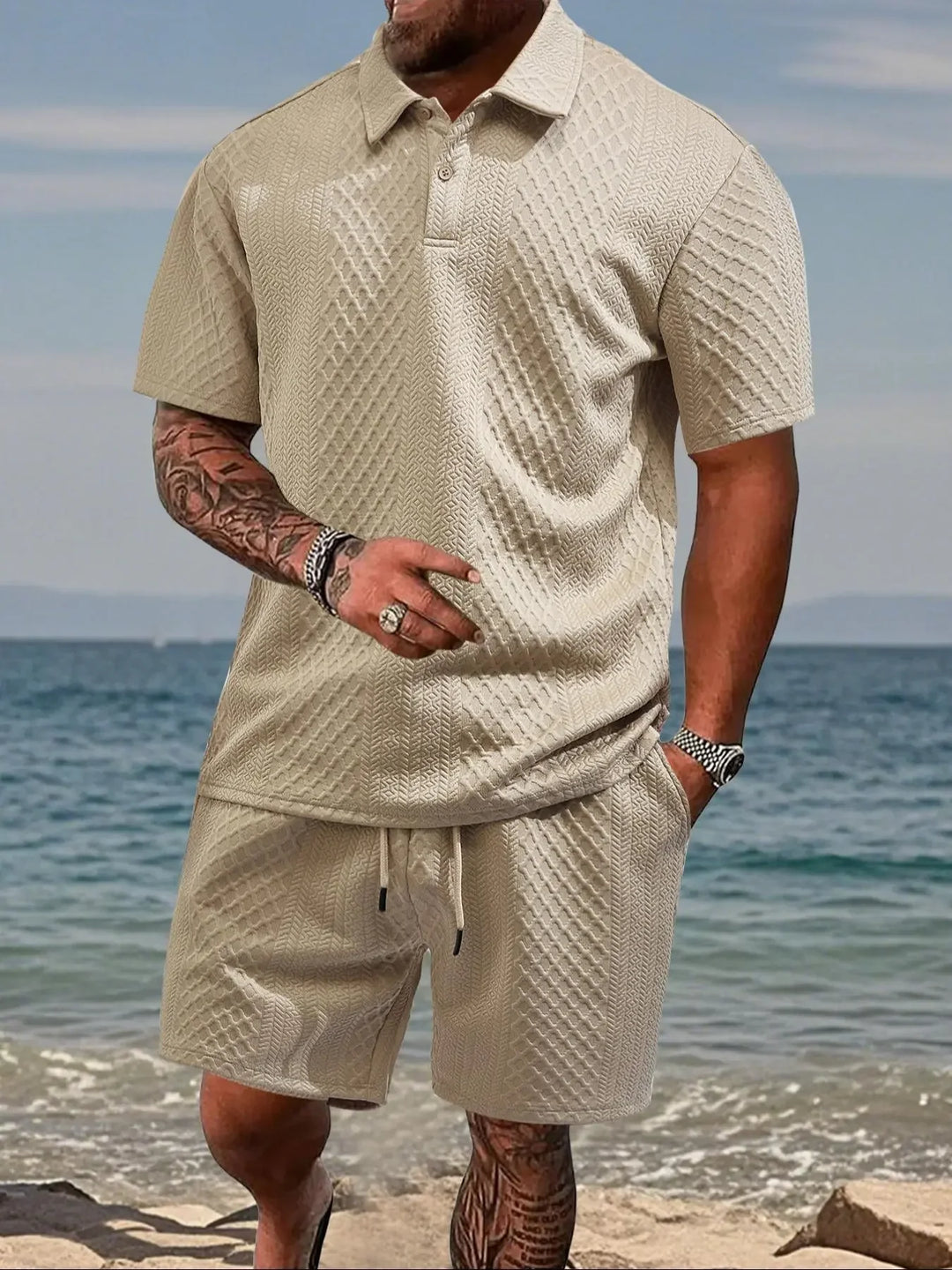 Men's Two-Piece Summer Outfit: Solid Polo & Drawstring Shorts, Cozy Breathable for Daily Wear