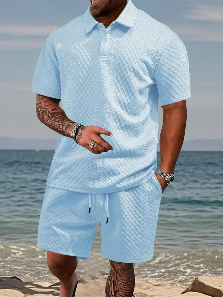Men's Two-Piece Summer Outfit: Solid Polo & Drawstring Shorts, Cozy Breathable for Daily Wear