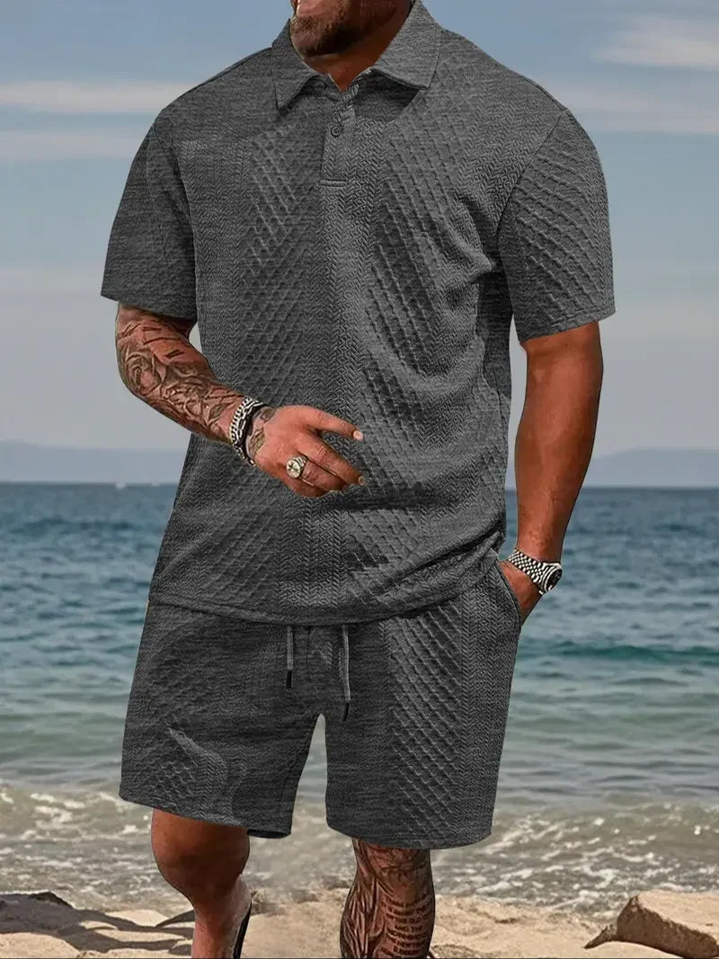 Men's Two-Piece Summer Outfit: Solid Polo & Drawstring Shorts, Cozy Breathable for Daily Wear